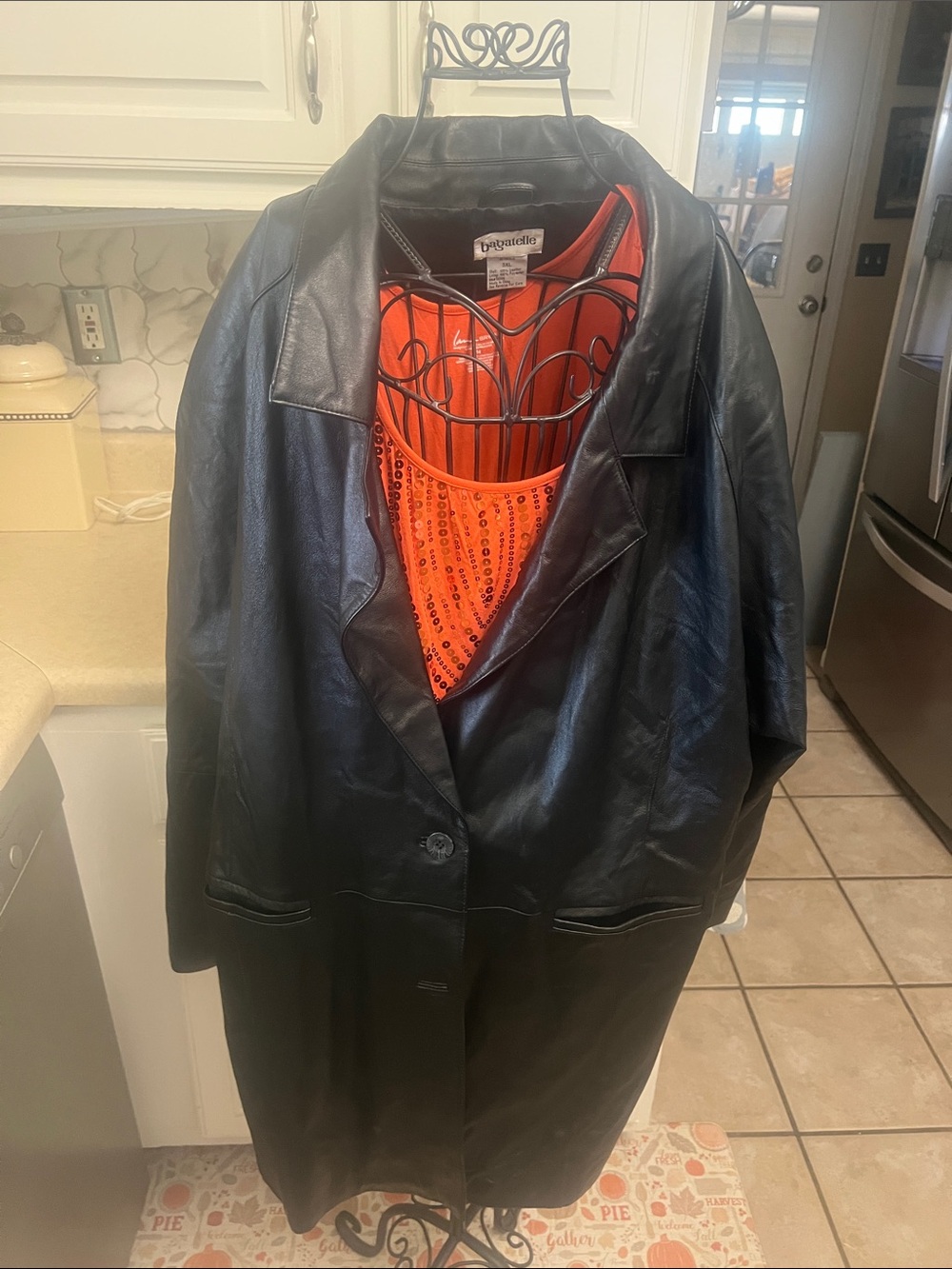 bagatelle Black Leather Trench Coat with Orange Lined Detail